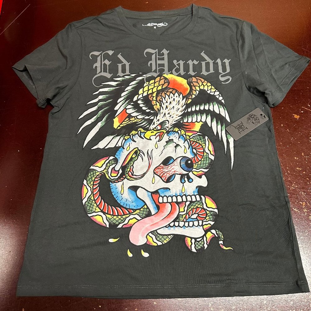 Ed Hardy Mens Black Graphic Short Sleeve Crew Neck Pullover T Shirt Size Medium